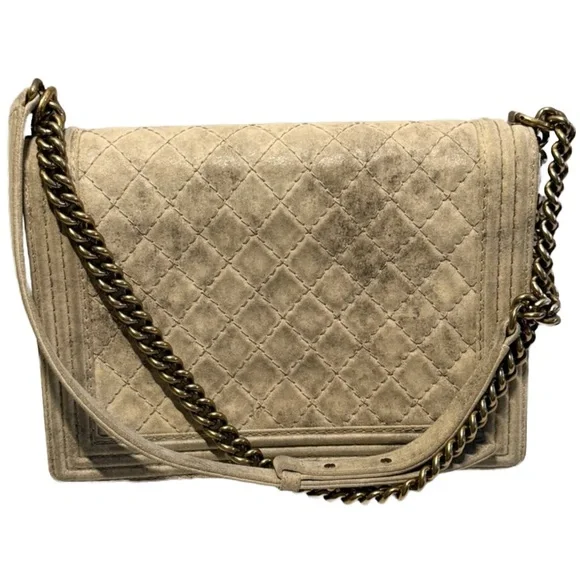 Chanel Large Boy Bag Quilted Suede Beige‎ with Antique Gold Hardware NWOT - Picture 5 of 15